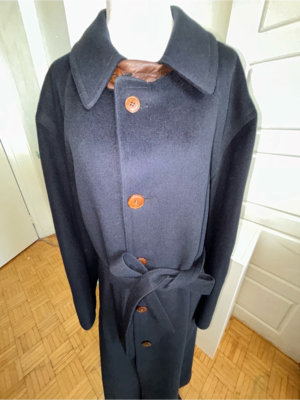 Le Lavalois Navy Wool Cashmere Belted Long Coat